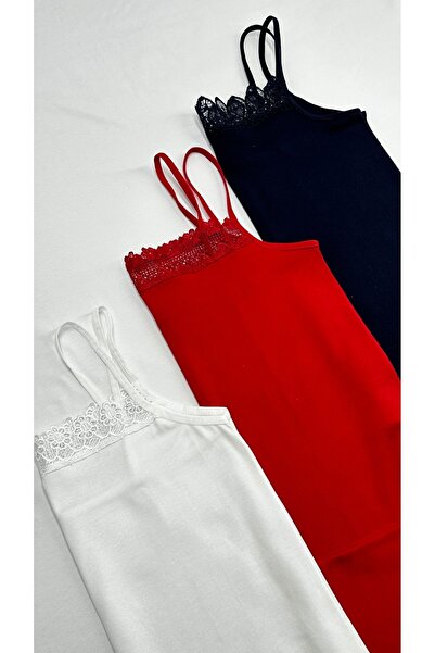 Clara Butik Kadın Siyah Beyaz Kırmızı Güpürlü Pamuklu Likralı Askılı Atlet İp Askılı 3lü Paket Ekonomik