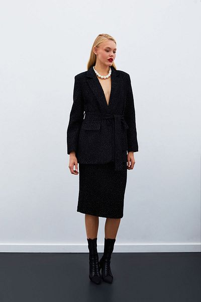 Sateen Black Tweed Jacket - Belted