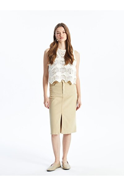 Dexia Cannes - Düz Yırtmaçlı Midi Denim Etek - Bej