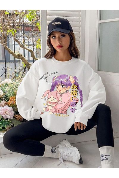 PALPİTO Hanorac de damă cu imprimeu anime White Rabbit Doll - Crew Deck