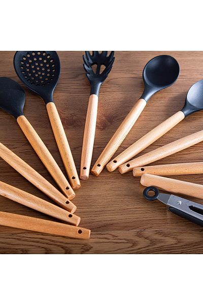 Ekostem 11-Piece Silicone Ladle Set - Heat Resistant, Spatula Stand, Eucalyptus Serving Set