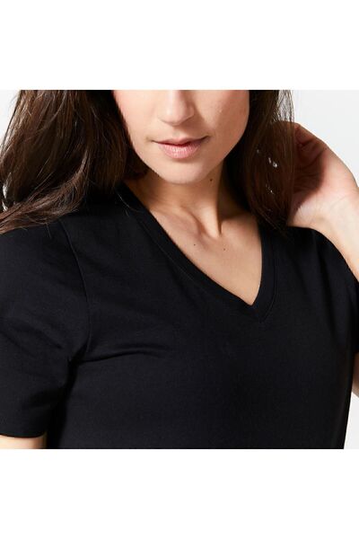 Decathlon Women's Black V-Neck Sports T-Shirt 500 - Fitness