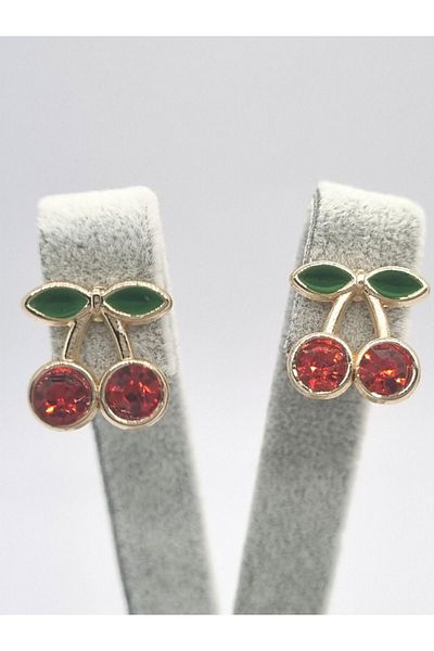 JEWELRY Gold Colored Cherry Earrings with Cute Figures for Women and Children - Stone Detailed