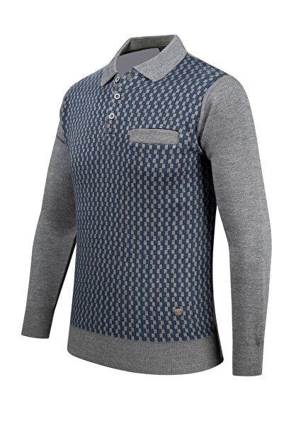 Çizgi Triko Men's Polo Collar Striped Knitwear Sweater - Patterned Sleeves and Waist Elastics, Steel Knit Classic Fit - 5006F