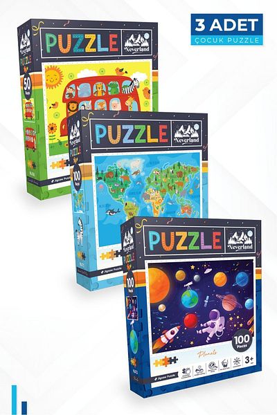 Neverland 3-Piece Children's Puzzle - 50 P. Animal Bus, 100 P. Animal World Map and 100 P. Planets