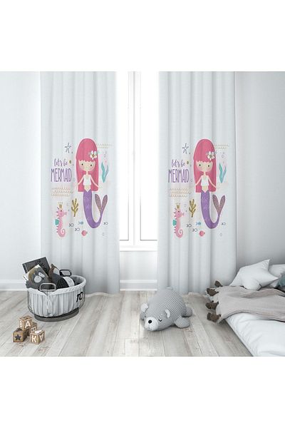 Lolla Mermaid Figured White Background Curtain 107
