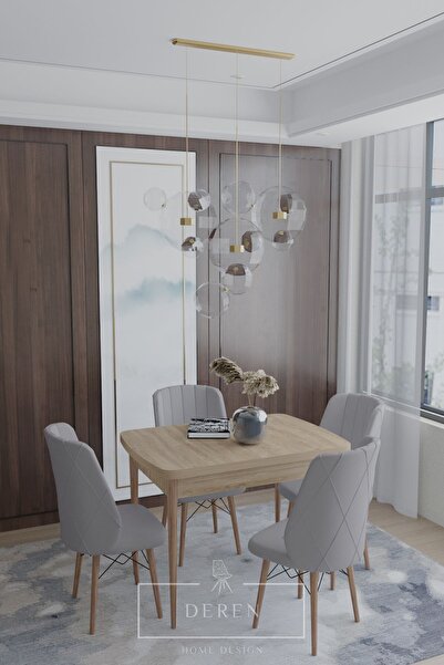 DEREN HOME Arya serisi 70x110 sabit masa +4 açık gri sandalye silinebilir ith...