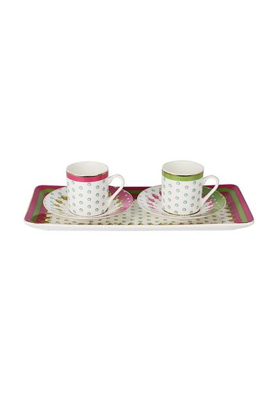Lucky Art Estelle Bone - Set of 2 Coffee Cups with Trays, Mixed Patterned Porcelain