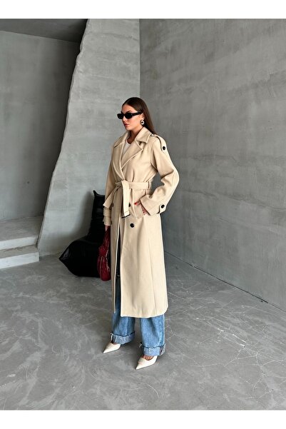 Laluvia Μπεζ παλτό με ζώνη και επωμίδες - 44188