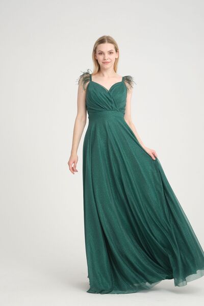 meksila Kadın Abiye Ip Askılı Pileli Uzun Kloş Simli Abiye Elbise 4082/ Zümrüt