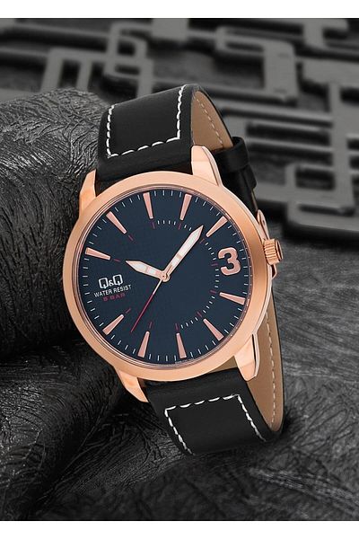 Q&Q Men's Rose Wristwatch - Gray Stitched, Black Leather Cord, Waterproof Classic Quartz Movement