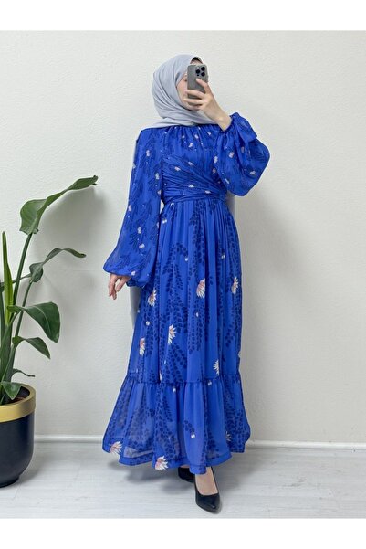 HİJABAYA Bel Ve Boyundan Büzgülü Balon Kol Astarlı Şifon Elbise