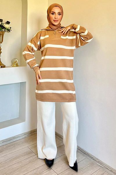 julude Κρεμ ριγέ Hijab Knitwear Tunic - Μισό φερμουάρ