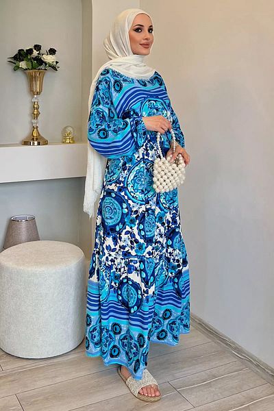 julude Rochie Hijab cu imprimeu din viscoză - mânecă liliac și cravată în talie