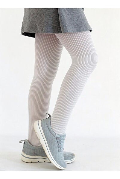 Daymod Дебели оребрени чорапогащи с мус, бели за момичета