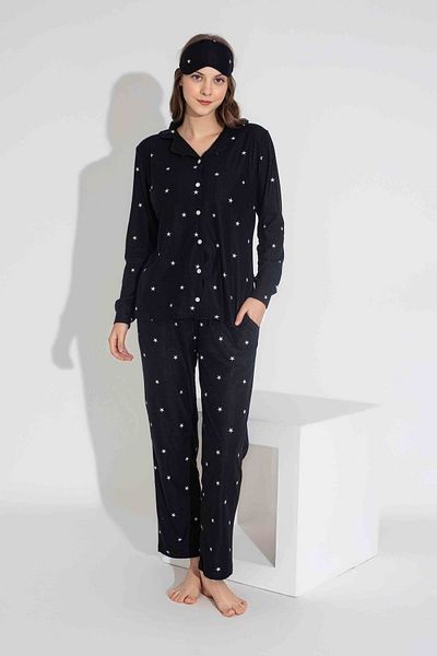 Tarık Women's Star Patterned Front Buttoned Mother Girl Combination Suede Velvet Winter Warm Pajamas Set