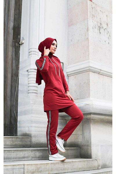 MODAALFABE Claret Red Hooded and Sleeve Striped Women's Tracksuit Set