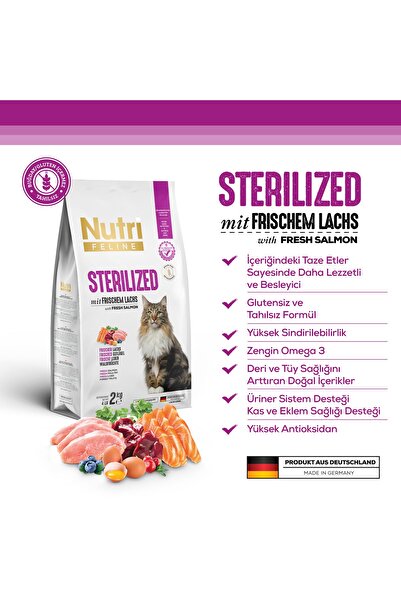 Nutri Feline Sterilized - Taze Somonlu, Glutensiz ve Tahılsız Kısırlaştırılmış Kedi Maması 2 Kg
