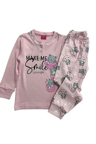 Tarık Pink Cat Patterned Cotton Girl's Pajama Set - Half Buttoned, Long Sleeve