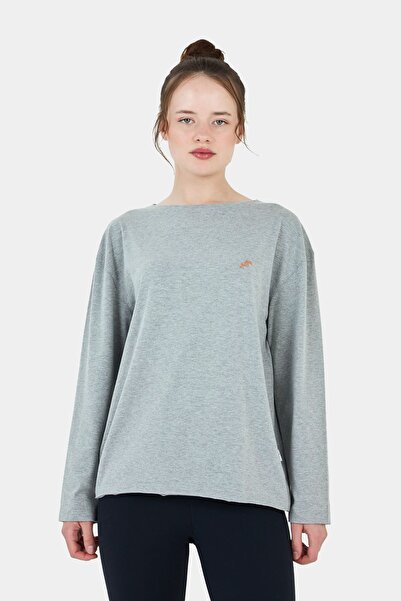 qanpaq TuSelvey - Likralı Gri Melanj Kadın Nakışlı Geniş Yaka Uzun Kol Oversi...