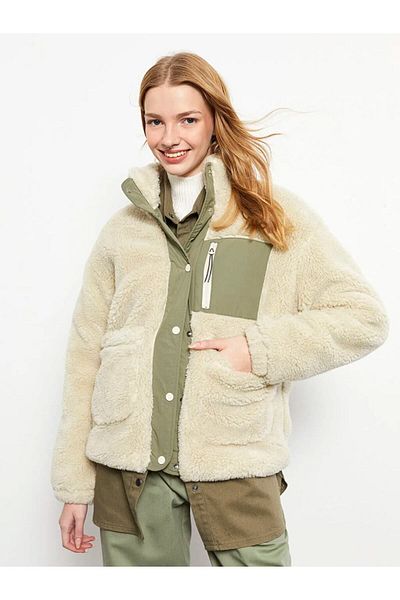 LC Waikiki Women's Plush Coat - Stand Collar, Solid Long Sleeve