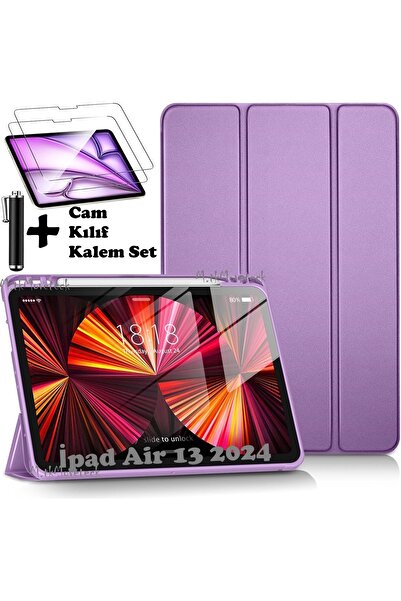 m.tk moveteck İpad Air 13 2024 Uyumlu Kılıf Akıllı Smart Uyku Modlu Kalem Bölmeli Renkli Standlı + Cam + Kalem Set