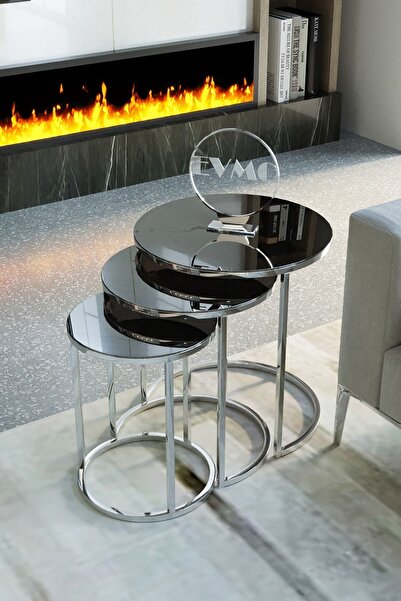 Deepport Alya Dekor 3'lü Zigon Sehpa Takımı Gümüş Ayak Füme Ayna Cam