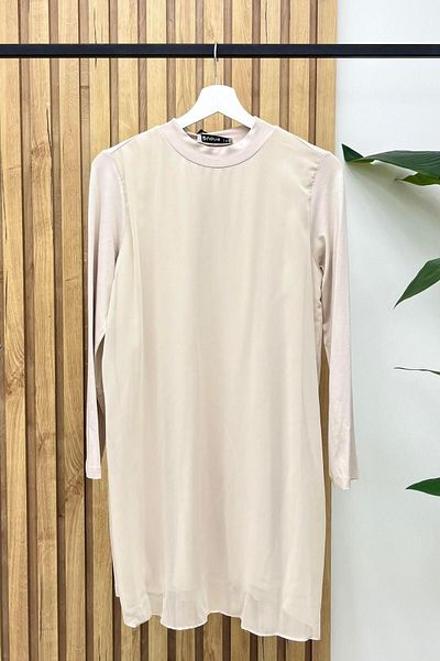 Puane Beige Long Sleeve Underwear Tunic 10269 - Front Chiffon Detailed