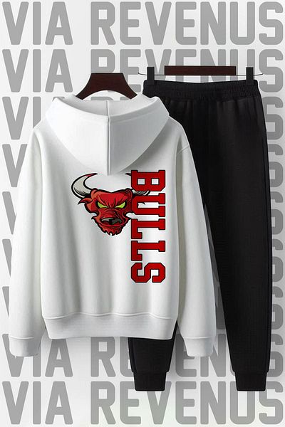 Vordevia Unisex Bulls Printed Wide Fit Soft Hooded Tracksuit Set