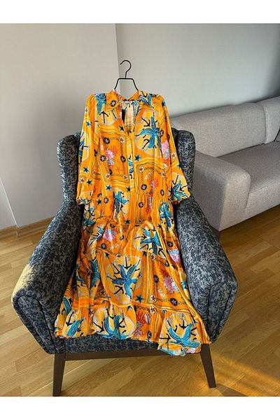 Natavanbutık Orange Patterned Long Cotton Summer Dress - Jalabiya