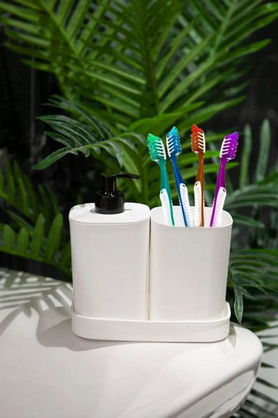 BRAMBLE LIFE Creative 3 Piece White Bathroom Set Liquid Soap Dispenser Toothbrush Holder Sponge Holder Set with Reservoir and Stand