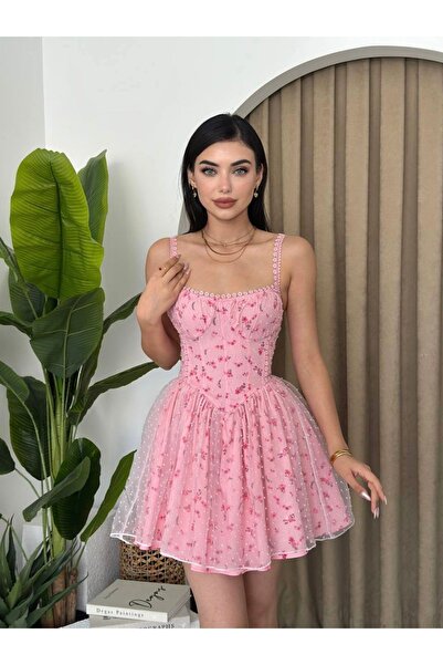 Afiş Butik Pembe Çiçek Desenli Tül Etekli Mini Elbise
