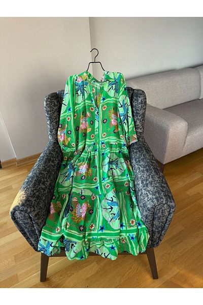 Natavanbutık Green Cotton Mixed Patterned Summer Long Dress - Jalabiya