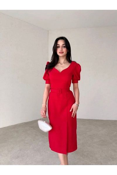 Afiş Butik Red Midi Dress - Belted and Slit