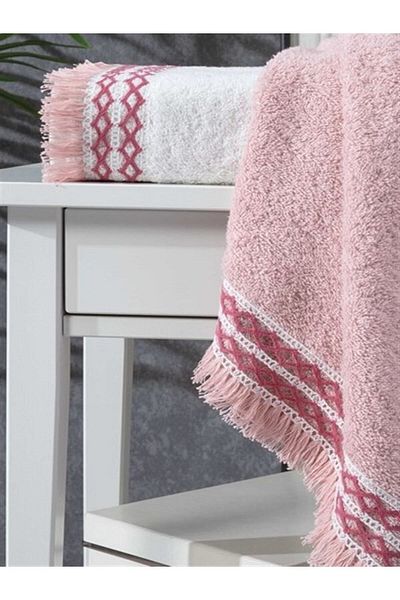 Sevim 50x85 cm 2 bucăți ciucuri dantelat moale absorbant apă 100% bumbac prosop de față pentru mâini - pudră și ecru