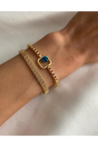 MagicStone Blue Sparkle Ikili Kombin Altın Bileklik