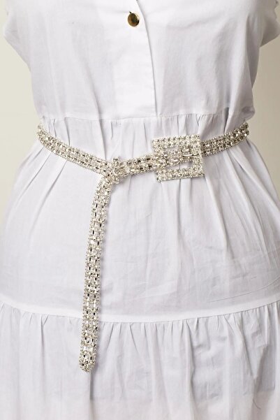 QL ACCESSORY Γυναικεία ζώνη γάμου με 2 σειρές αγκράφες, ασημί κρύσταλλο και π...