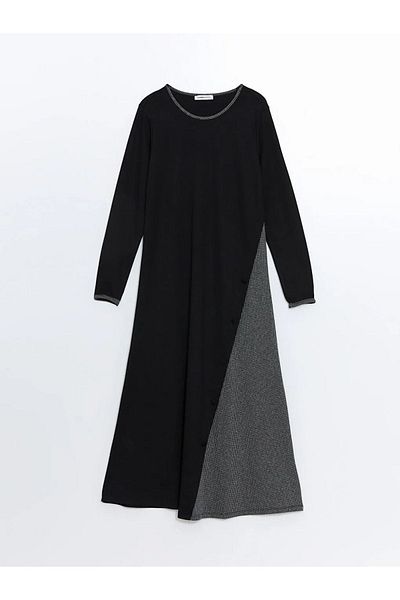 LC Waikiki Lcw Grace - New Black Color Blocking Crew Neck Women's Dress