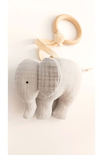O&G Collection Little Elephant 100% Cotton Organic 4 Layer Multi Muslin Wooden Teether Toy / Baby Room Decor