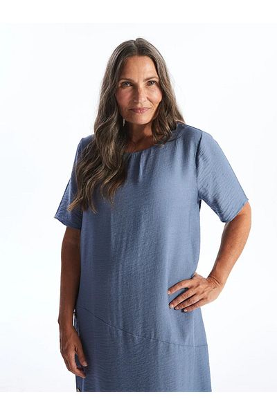 LC Waikiki Lcw Grace Medium Blue Bicycle Collar Solid Short Sleeve Dress for Women