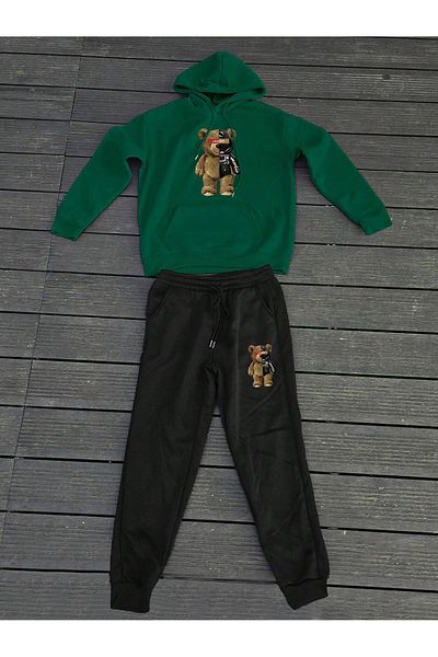 aynewmoda Teddy Bear Bottom Top Front Printed Hoodie Oversize Khaki Sweatshirt and Black Sweatpants Bottom Top Set
