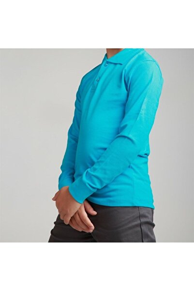 QKK تي شيرت لاكوست بأكمام طويلة ورقبة بولو باللون الفيروزي - زي مدرسي