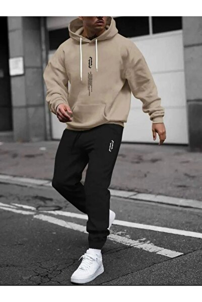 coolart Σετ φόρμας με κουκούλα σε μπεζ και μαύρο χρώμα - Φούτερ με κάθετο σύμ...