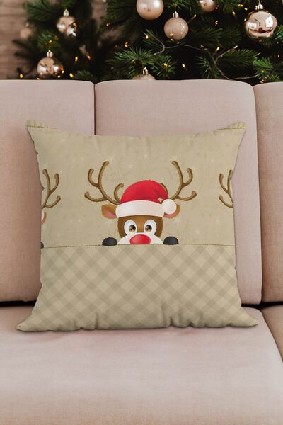 Sakallı Merry Christmas New Year's Themed - Deer Patterned Beige Throw Pillow Set of 4