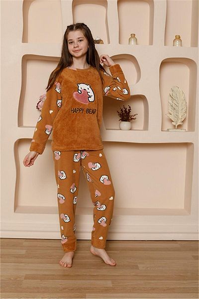 Akbeniz Комплект пижама WelSoft Fleece за момиче - млечнокафяв 20523