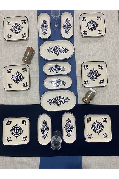 MTD SERAMİK 14 Piece Blue Scandinavian Patterned Luxury Breakfast Set