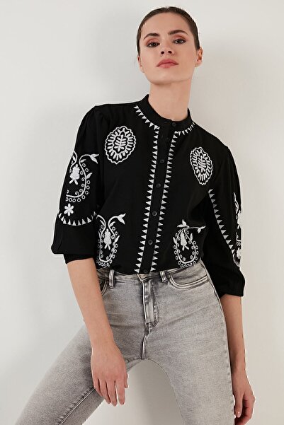 Lela Embroidery Embroidered Three-Quarter Sleeve Prevailing Collar Cotton Sile Cloth Shirt Shirt 611bz0044