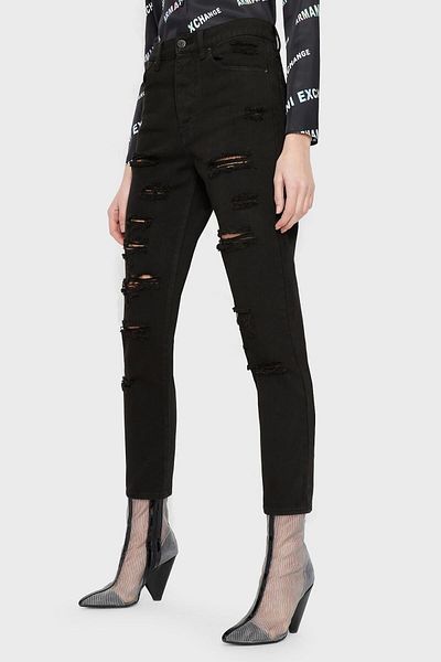 Armani Exchange بنطال جينز J51 قطن عالي الخصر بقصة ضيقة وممزق ومفصل 3RYJ51 Y1HRZ