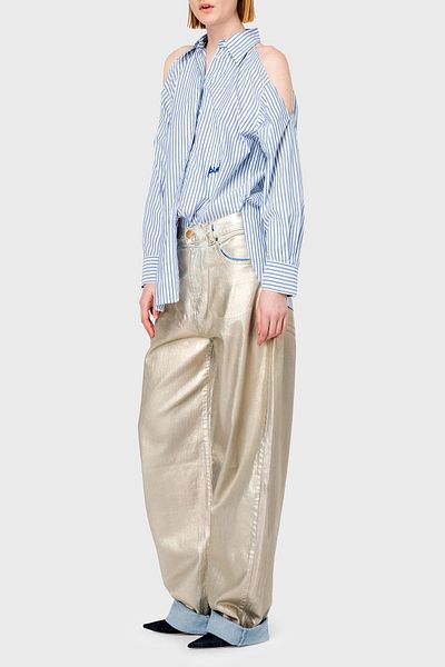 PİNKO Pinko Striped Cotton Oversize Fit Off-the-shoulder Shirt SHIRT103058A1OMZE5