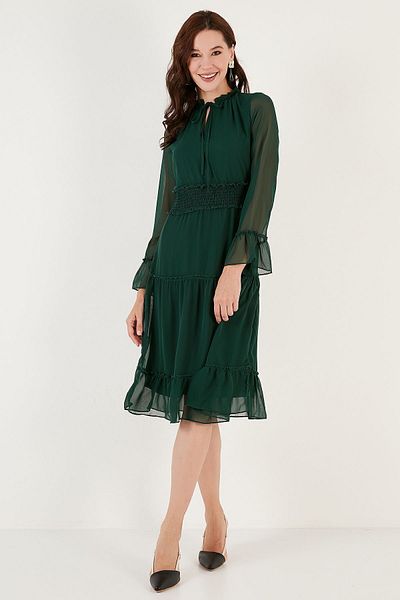 Lela Regular Fit Midi Length Woven Chiffon Dress with Tulle Gimp Sleeves DRESS 611EL114